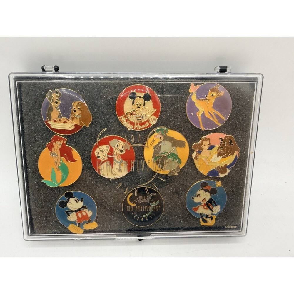 Vintage 1983 - 1993 Disney Channel 10th Anniversary Boxed 10 Pin Set Mickey +